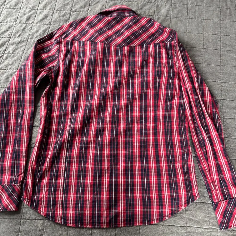 True Religion Men's Pearl Snap‎ Western Shirt Red Plaid Long Sleeve Button Up XL